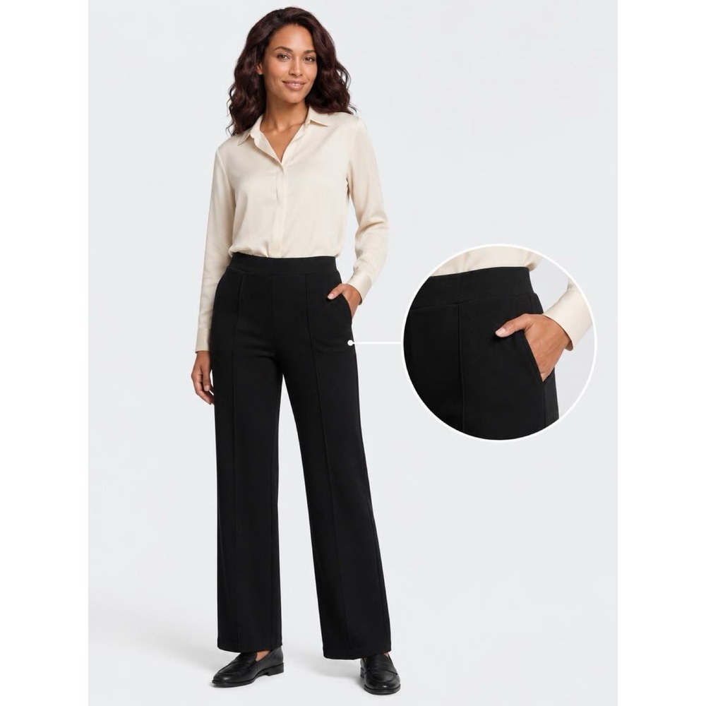 Ebb & Flow Athleisure Pants Women Medium Black Wide Leg Pintuck Trousers Pockets